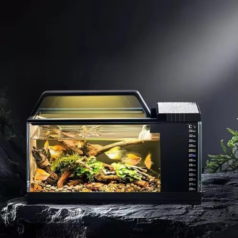 Aquarium Fish Low Maintenance - ตู้ปลาสไตล์อเมริกาใต้ - ตู้ปลาตั้งโต๊ะขนาดเล็กพร้อมระบบกรองด้านข้างและไฟในตัว ดูแลง่ายแบบออลอินวัน